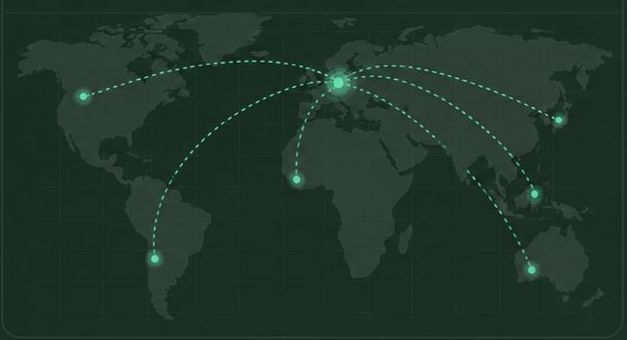 World map showing global connections across Europe, Asia and South America